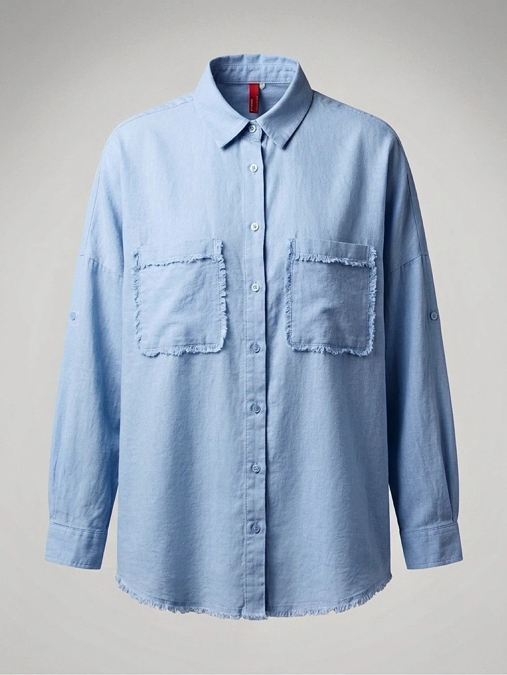 Destra Women's Blue Frayed Hem Button-Down Shirt